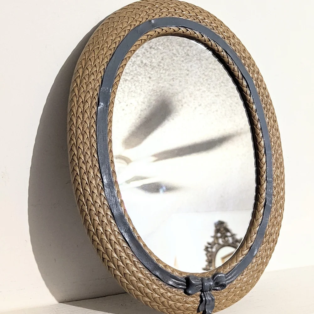 Vintage Cottagecore Basket Weave Blue Bow Oval Mirror Burwood Oval Mirror